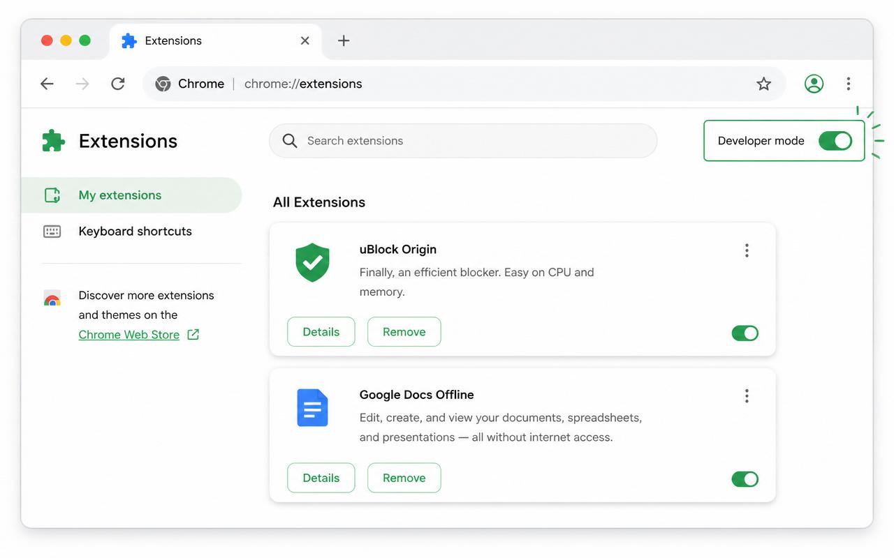 Chrome extensions page with Developer mode toggle enabled