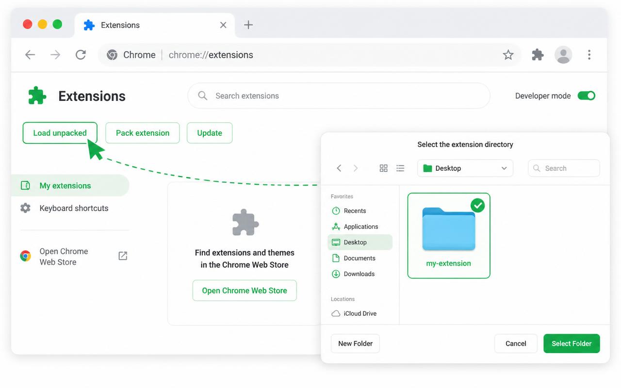 Load unpacked button and folder picker